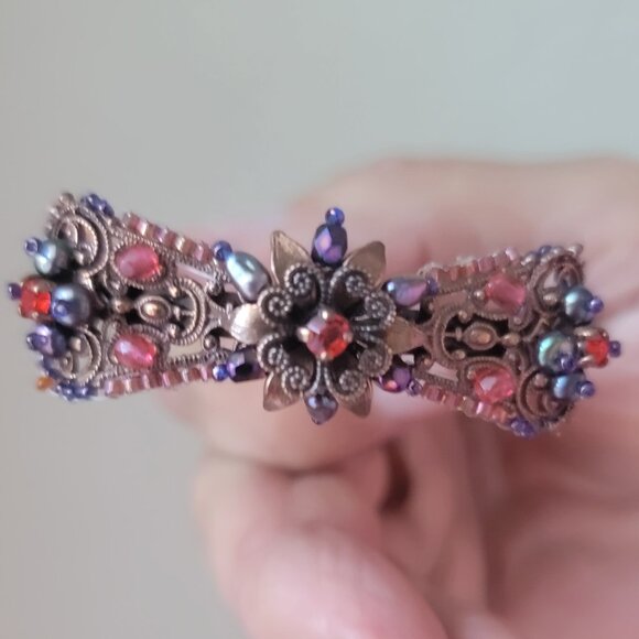 SATELLITE PARIS VINTAGE HIGHLY DETAILED CUFF COPPER BRACELET W/CRYSTALS & PEARLS - Picture 1 of 9